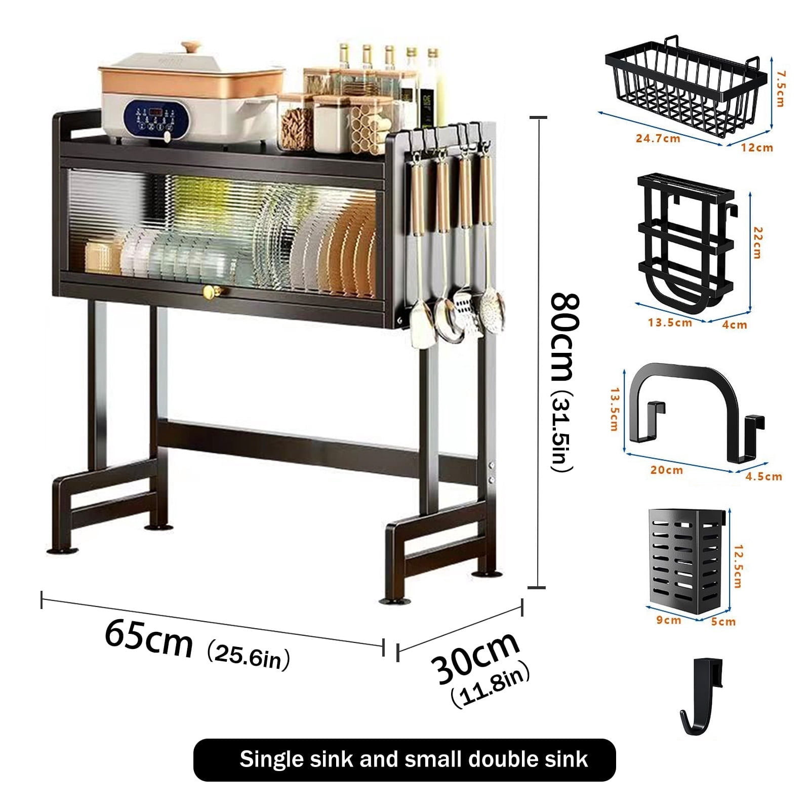 Overthe Sink Dish Rack, Over the Sink Drying Rack with Cover, Dish Drying Rack Over Sink for Bowls and Cutlery, Dish Holder Organizer for Kitchen Counter Storage (Black, 25.6" Length）