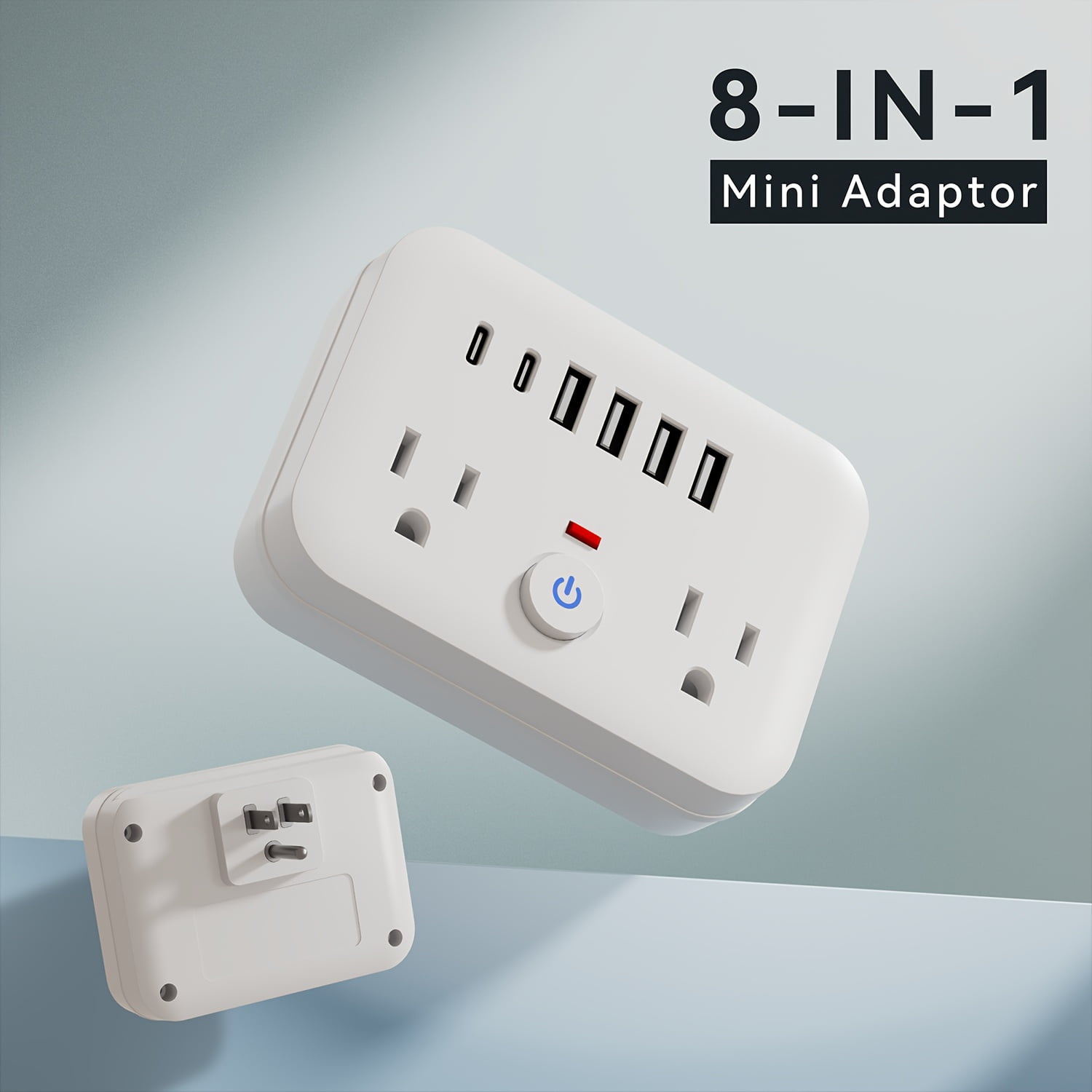 Mini Surge Protector Power Strip: 8-in-1 with 2 AC Outlets, 4 USB Ports, 2 USB-C, Overload Protection, Wall Mount, US Plug for Travel, Home, Office - Black