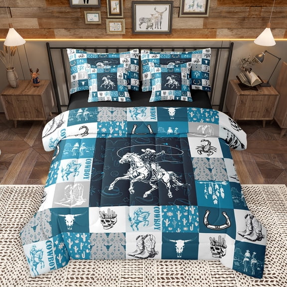 Homewish Bohemian Western Adult Twin Bedding Sets 7-Piece, Cartoon Cowgirl Cowboy Bedding Comforter Set, Teal Buffalo Plaid Reversible Sheet Sets, Lightweight Room Decor