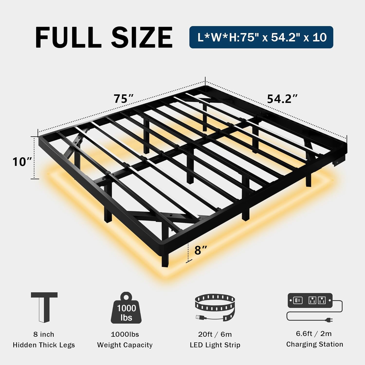 Honfach Full Size Floating Bed Frame with Led Lights and Charging Station, Metal Bed Frame with Heavy Duty Steel Slats Supports, Black