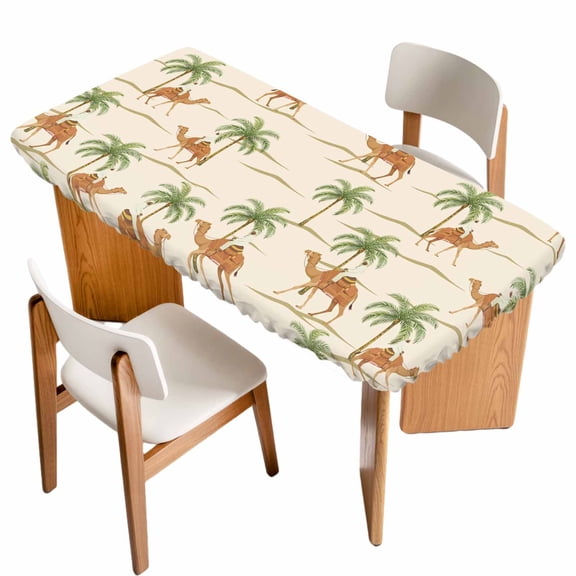 Date Coconut Tree Table Cloths for 4 Foot Rectangle Tables, Desert Camels Botanical Tropical Beige Patio Waterproof Elastic Fitted Tablecloths, Washable Rectangular Table Cover for Camping