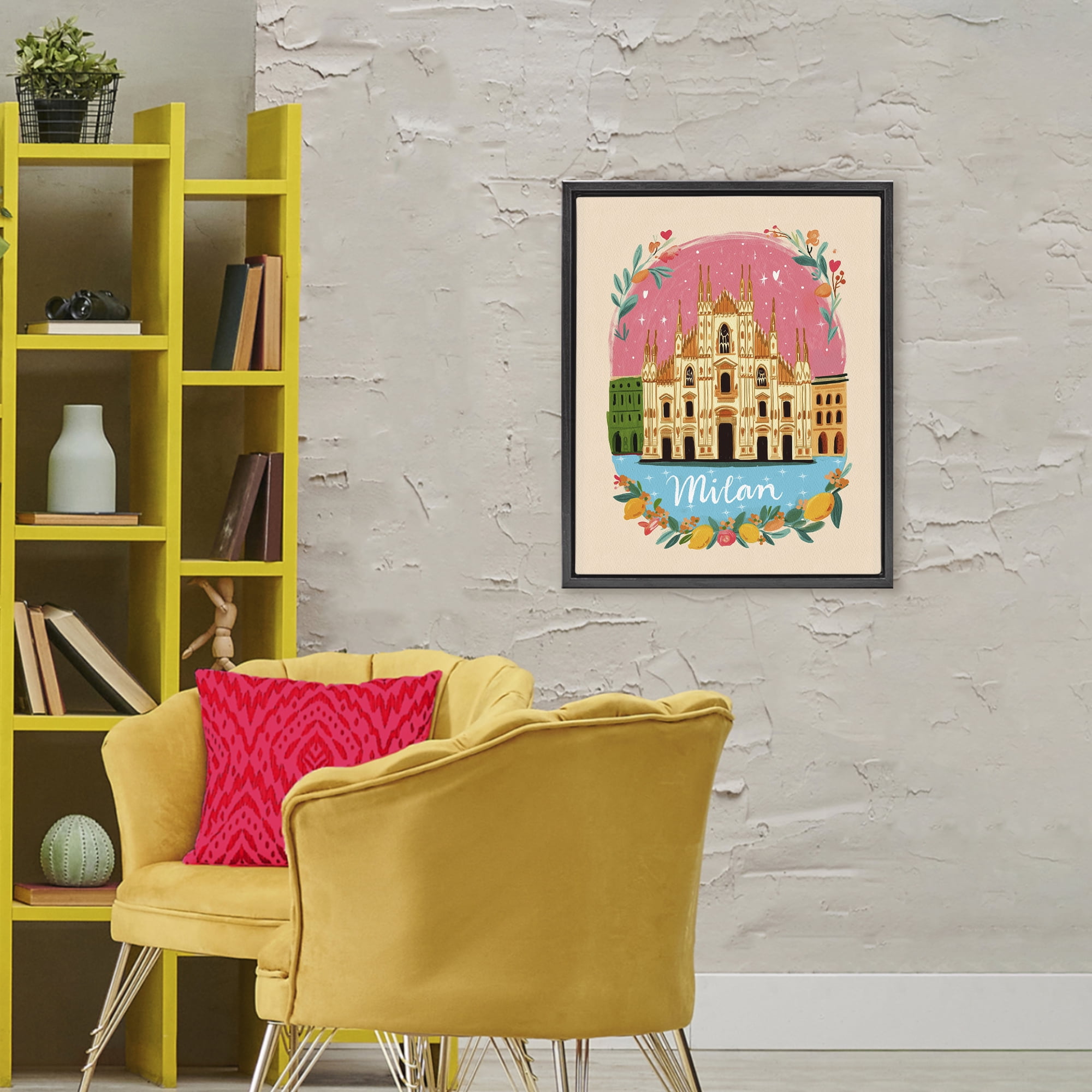 Floral Bordered Milan Black Framed Floater Canvas Wall Art, design by Yen