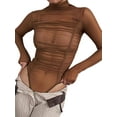 thumbnail image 1 of xiaxaixu Women Long Sleeve Bodysuits Solid Color Ruched Mesh See-Through Mock Neck Skinny Rompers Spring Fall Jumpsuits Streetwear, 1 of 5