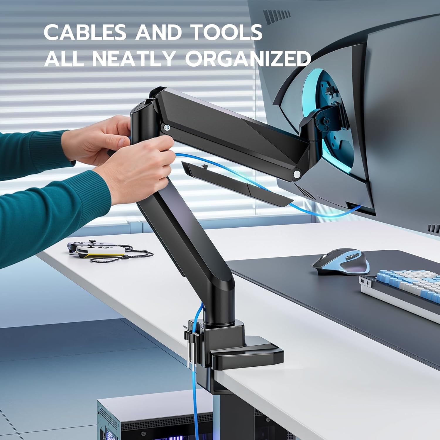 ARES WING Single Monitor Arm with USB, Heavy Duty Adjustable Monitor Arm for 13"-49" Screens, Gas Spring Monitor Arm Desk Mount with Clamp & Grommet Base Holds up to 40 lb, VESA 75x75 100x100, Black