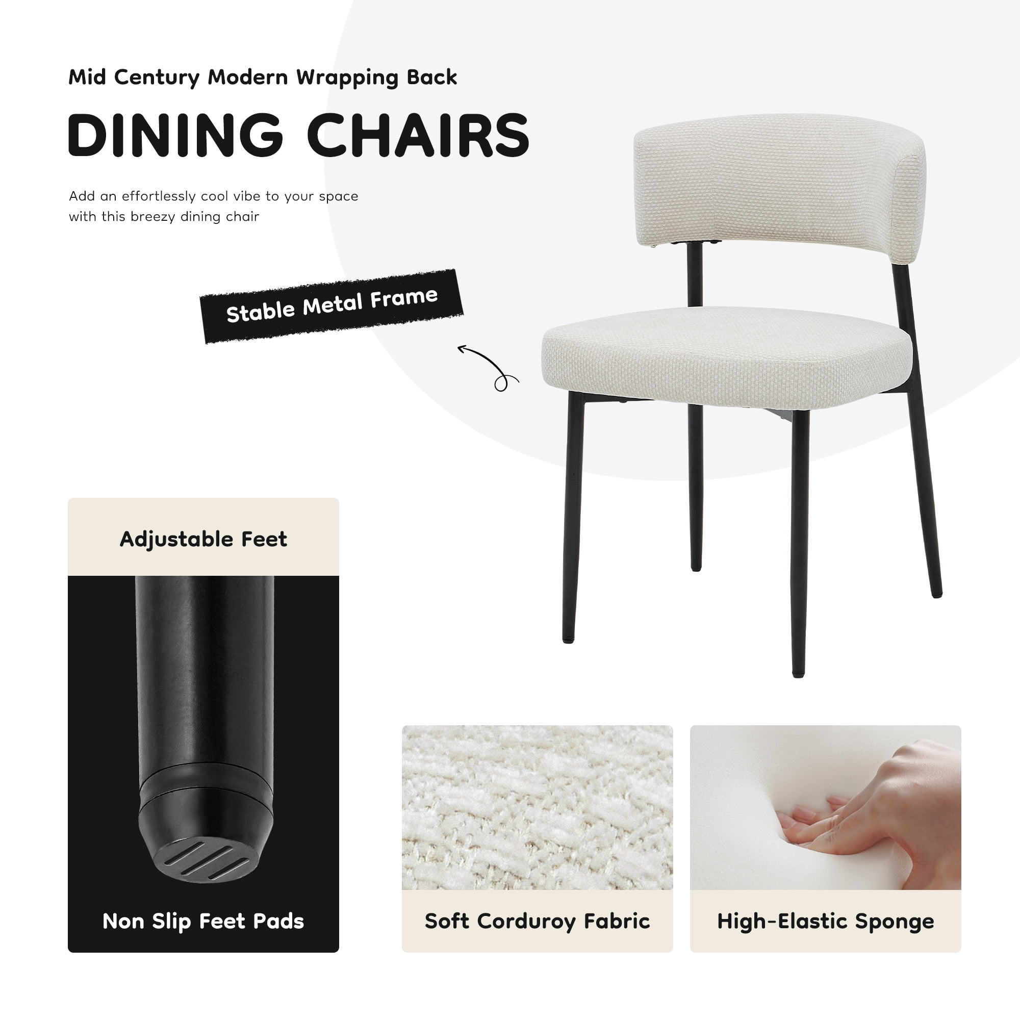 Modern Dining Chairs Set of 4, Upholstered Dining Chairs with Curved Backrest, Sturdy Metal Frame