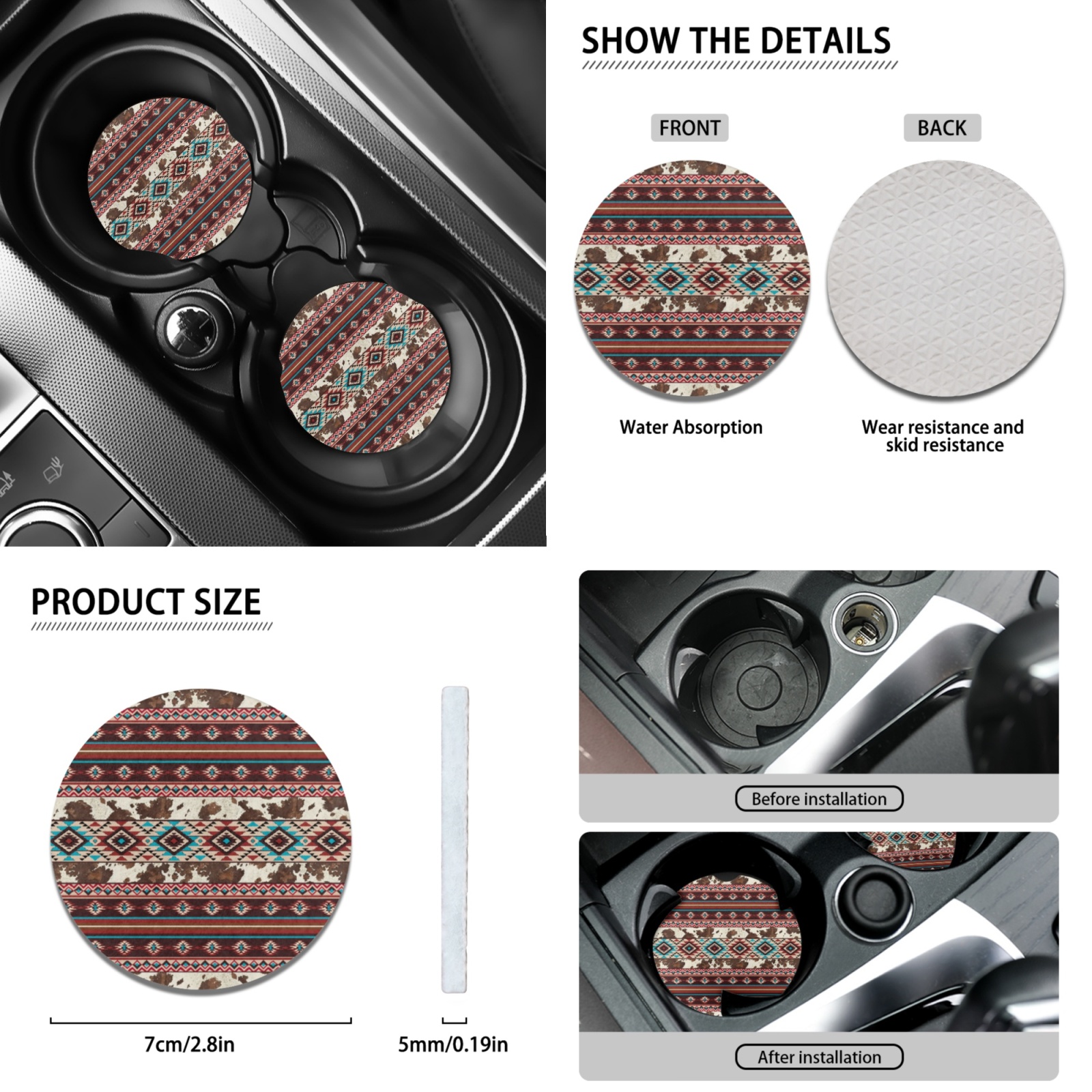 Renewold American Tribal Brown Cow Print Red Car Seat Covers with Steering Wheel Cover and Seat Belt Pad Armrest Pad Handbrake Cover Gear Shift Cover Cup Coaster Holder Seat Cover, Pack of 12
