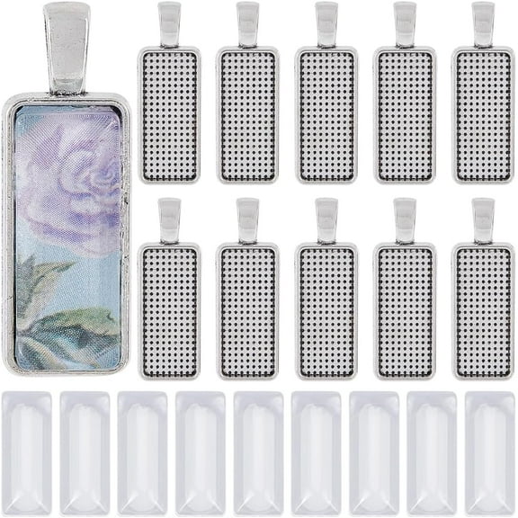 1 Box 40Pcs Silver Rectangle Charm Tray Charms Bulk Metal Alloy Antique Basic Blanks Bezel Trays Cabochon Charm Kit with Glass Cabochons for Jewelry Making Charms Necklace DIY Craft Findings