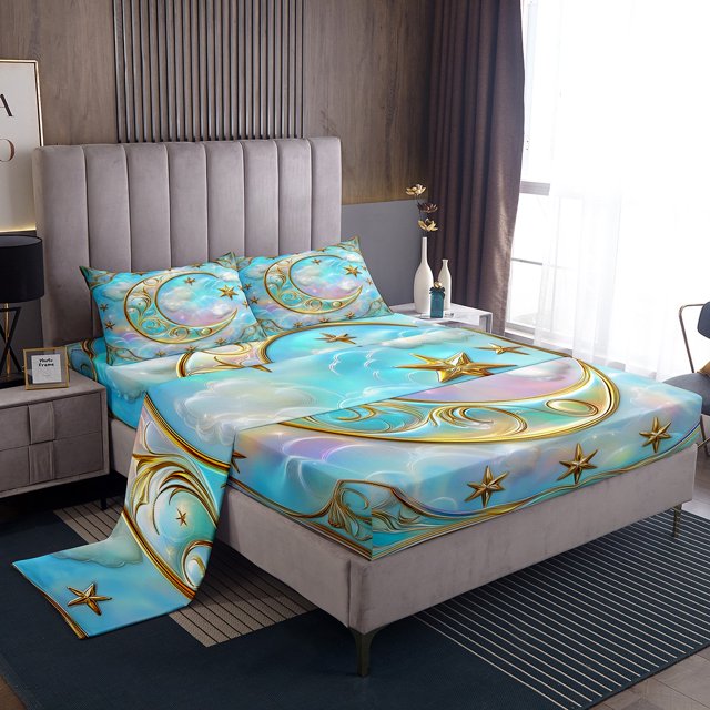 Erosebridal Ensemble de Draps Ramadan Taille Simple, Draps de Lit Lune Dorée 3D Simple, Décor Nuage Rêveur 3 Pcs