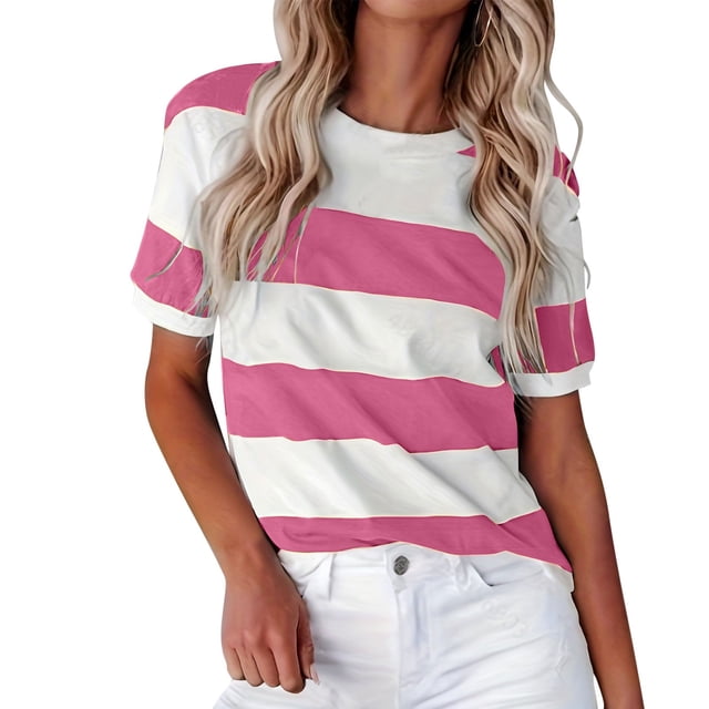 2025 Été Nouveau Chemise Européenne à Manches Longues pour Femmes Imprimé à Rayures Bordure Chemise de Compression Col Rond Manches Courtes Décontractée Col Rond Chemises à Manches Longues pour Femmes T-Shirt