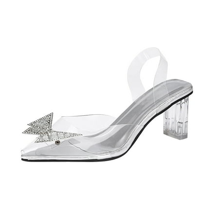 

sandals for Women Fashion Summer Women Sandals Transparent Heel Chunky Heel Rhinestone Bow Pointed Toe PU Dress Sandals for Women Silver