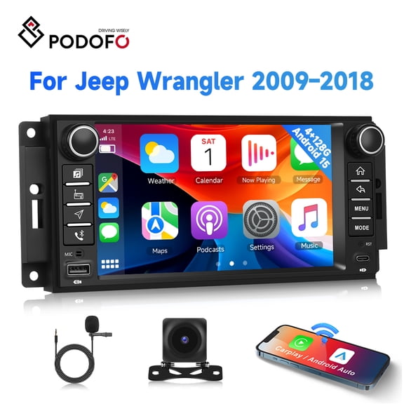 Podofo Android 15 7inch 4G 128G Touch Screen Car Radio Stereo for Jeep Wrangler/Dodge/Chrysler with Wireless CarPlay/Android Auto/GPS /WiFi/5.0Bluetooth/FM/RDS/SWC/AHD Backup Camera