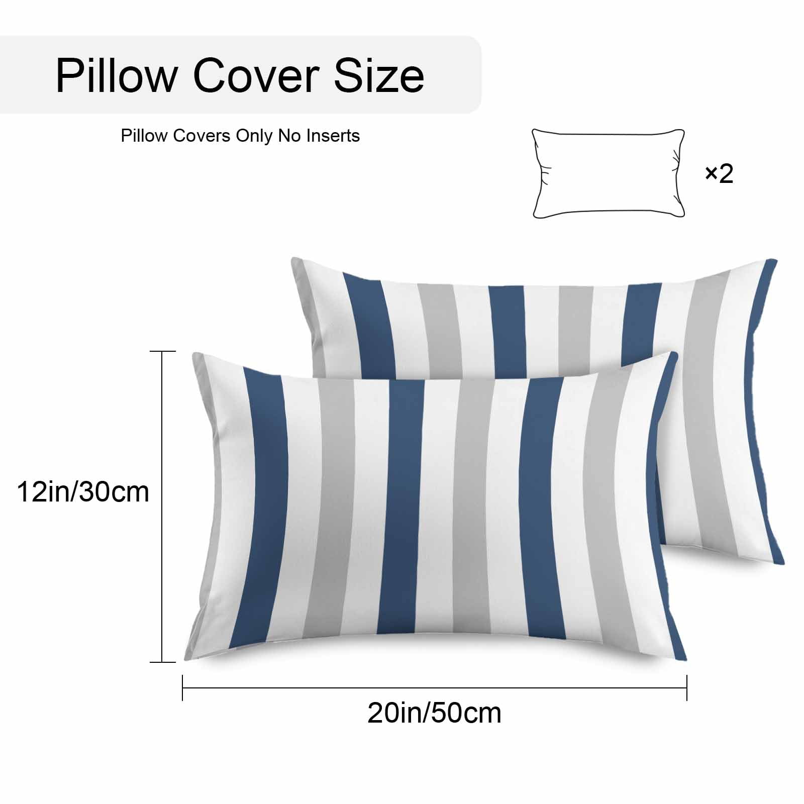 Outdoor Throw Pillows Covers 12X20 Set of 2 Waterproof Striped Decorative Zippered Cushion Covers for Patio Furniture, Navy Blue Gray White Lumbar Pillowcases