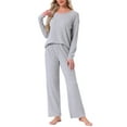 thumbnail image 2 of INSPIRE CHIC Womens Ribbed Knit Pajamas Sets 2 Piece Long Sleeve Top and Pants Sleepwear Pjs Loungewear Outfits S Light Grey, 2 of 5