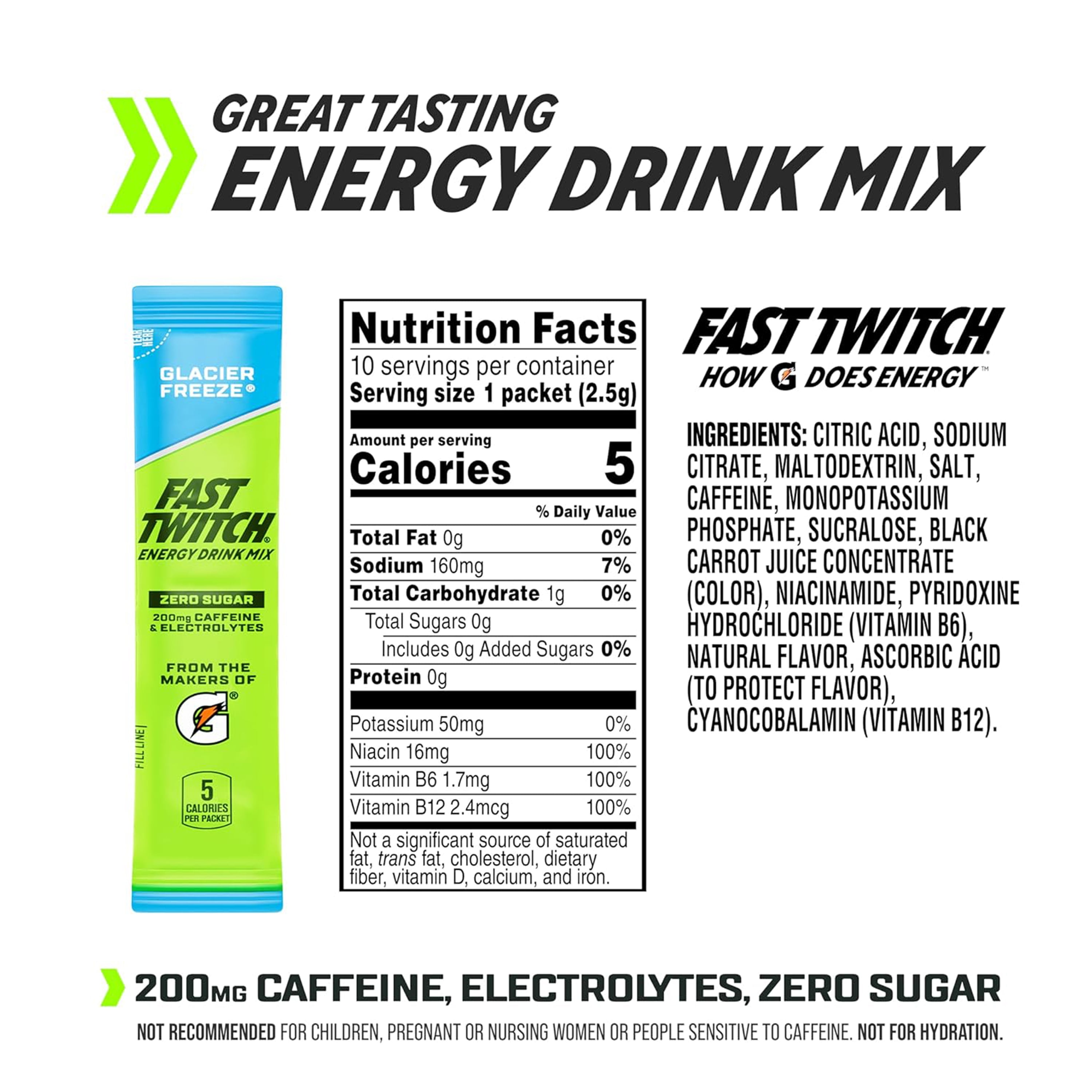 Fast Twitch by Gatorade Glacier Freeze Flavored Energy Powder Drink Mix, 0.08 oz, 10 Count Packets