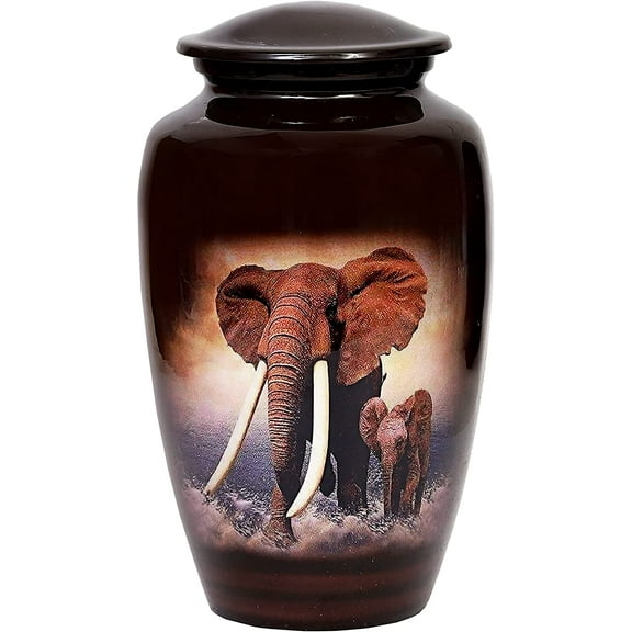 RUZIOON Lovely Elephant Brown Cremation Urn for Human Ashes - Adult Funeral Urn Handcrafted - Affordable Urn for Ashes (Adult (200 lbs) – 10.5 x 6 “, Lovely Elephant Brown Cremation Urn)