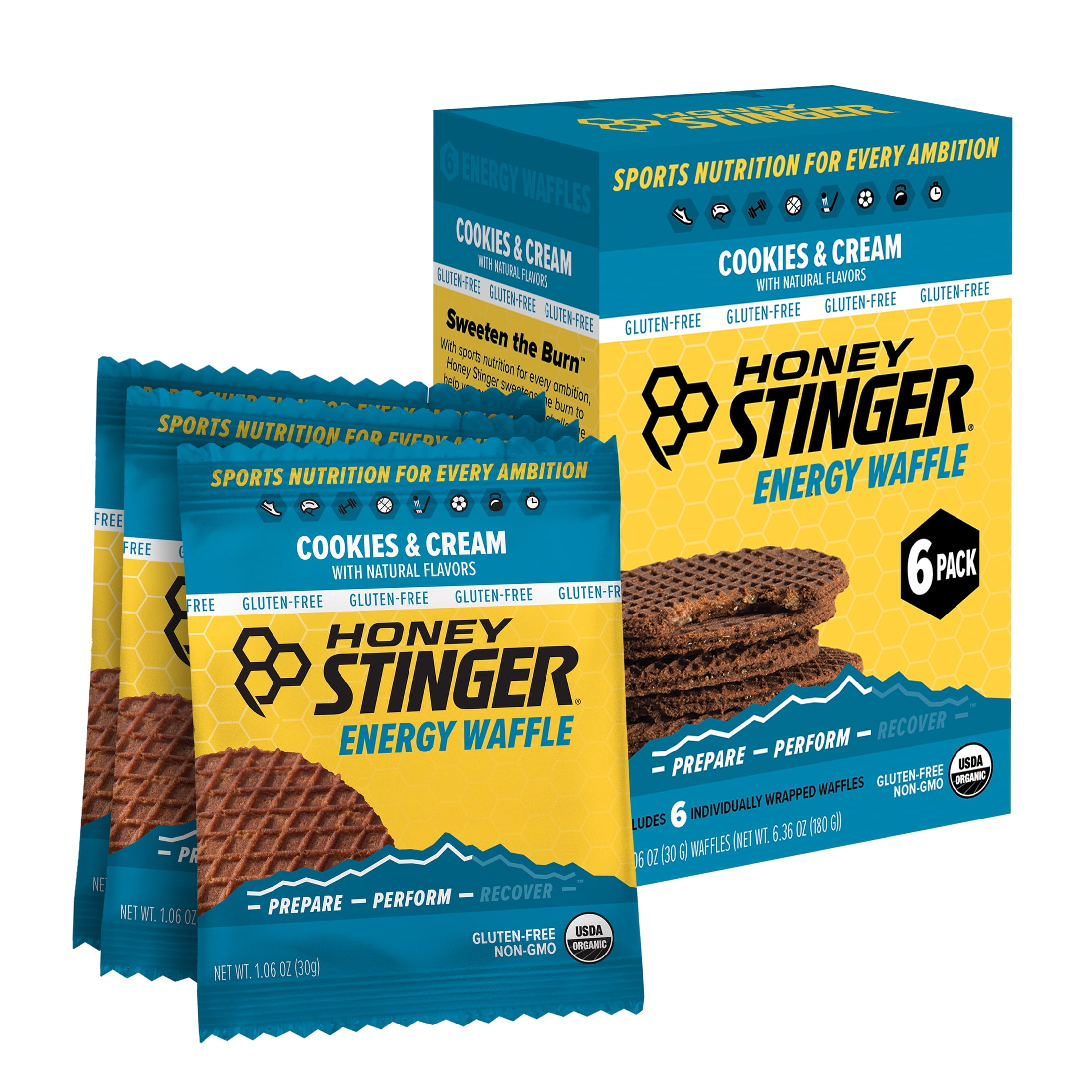 (4 pack) Honey Stinger Organic Gluten-Free Energy Waffle Snack, Cookies & Cream, 1.06 oz, 6 Count