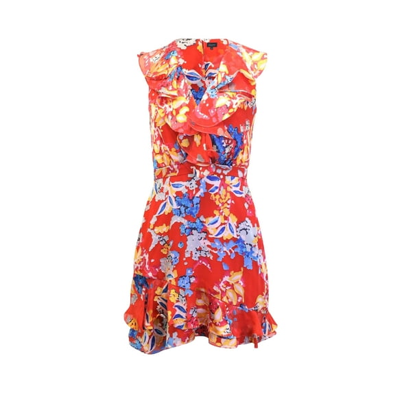 Pre-Owned Saloni Floral Print Ruffled Mini Dress in Red Silk