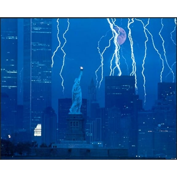 New York City Skyline in Lightning Storm Featuring: Twin Towers  Statue of Liberty Art Print 16x20