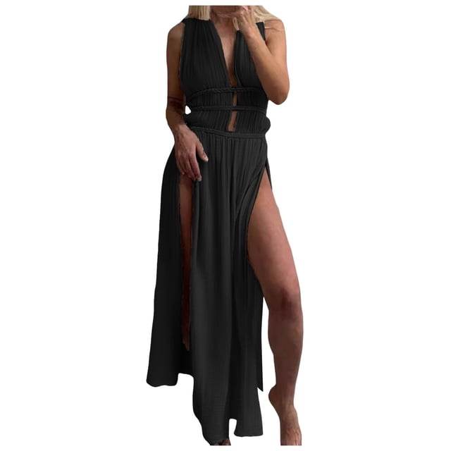 Vestido largo sin mangas retro liso para mujer: estilo sexy y moderno, material de poliéster, talla única, ideal para la playa o una fiesta, se recomienda lavar a mano.