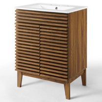 Sink Vanity Cabinet, Wood, Brown Walnut White, Modern Contemporary Urban Design, Hotel Bedroom Bathroom Master Suite Guest