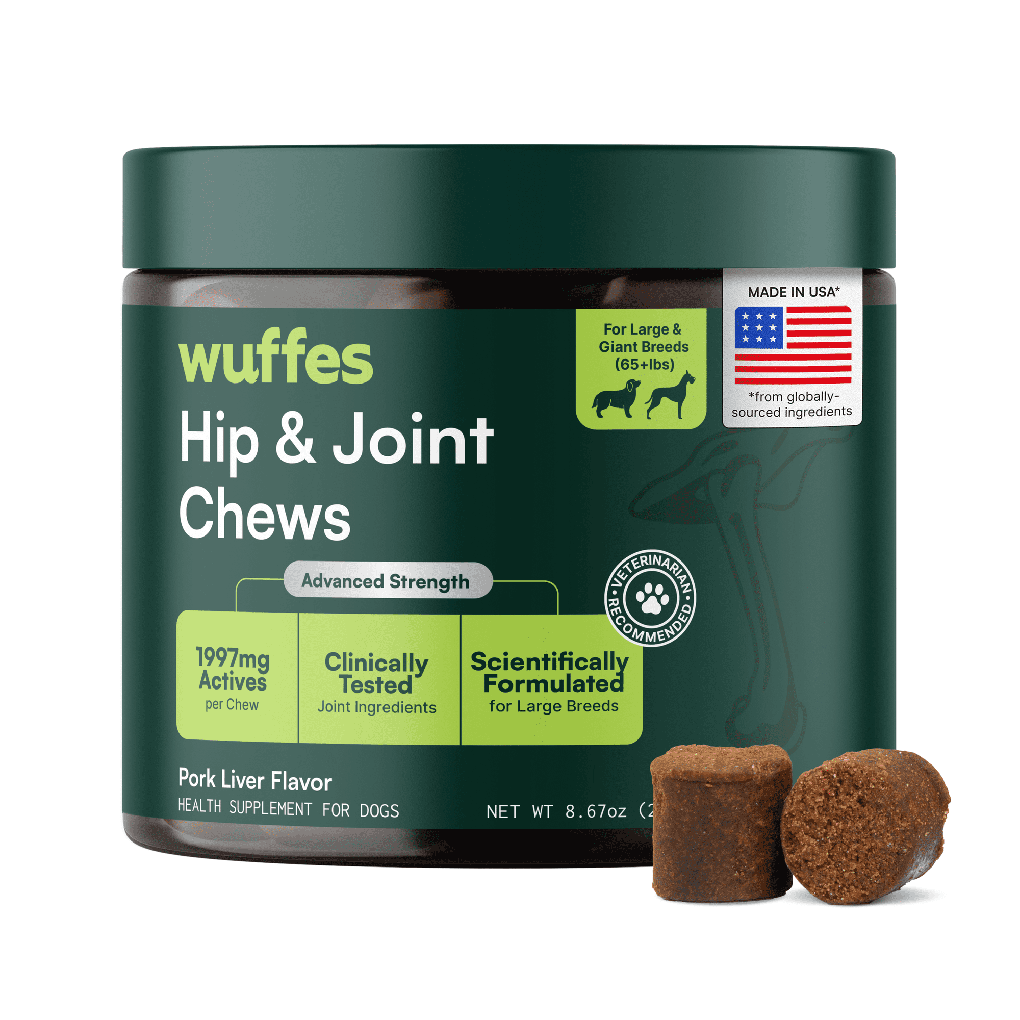 Wuffes Large Dog Hip & Joint Supplement - Glucosamine & Chondroitin Chews, 30 Ct