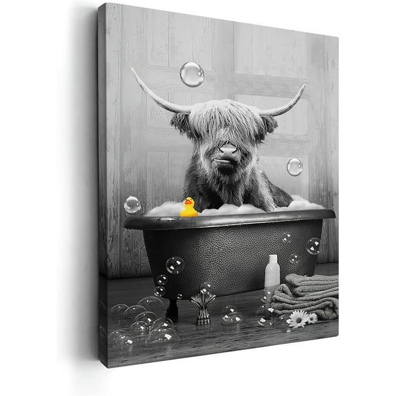 Black and White Highland Cow Bathroom Decor Wall Art Funny Cow Sitting in Bathtub Pictures Rustic Farmhouse Cow Canvas Painting Wall Décor for Bathroom Unframed Artwork