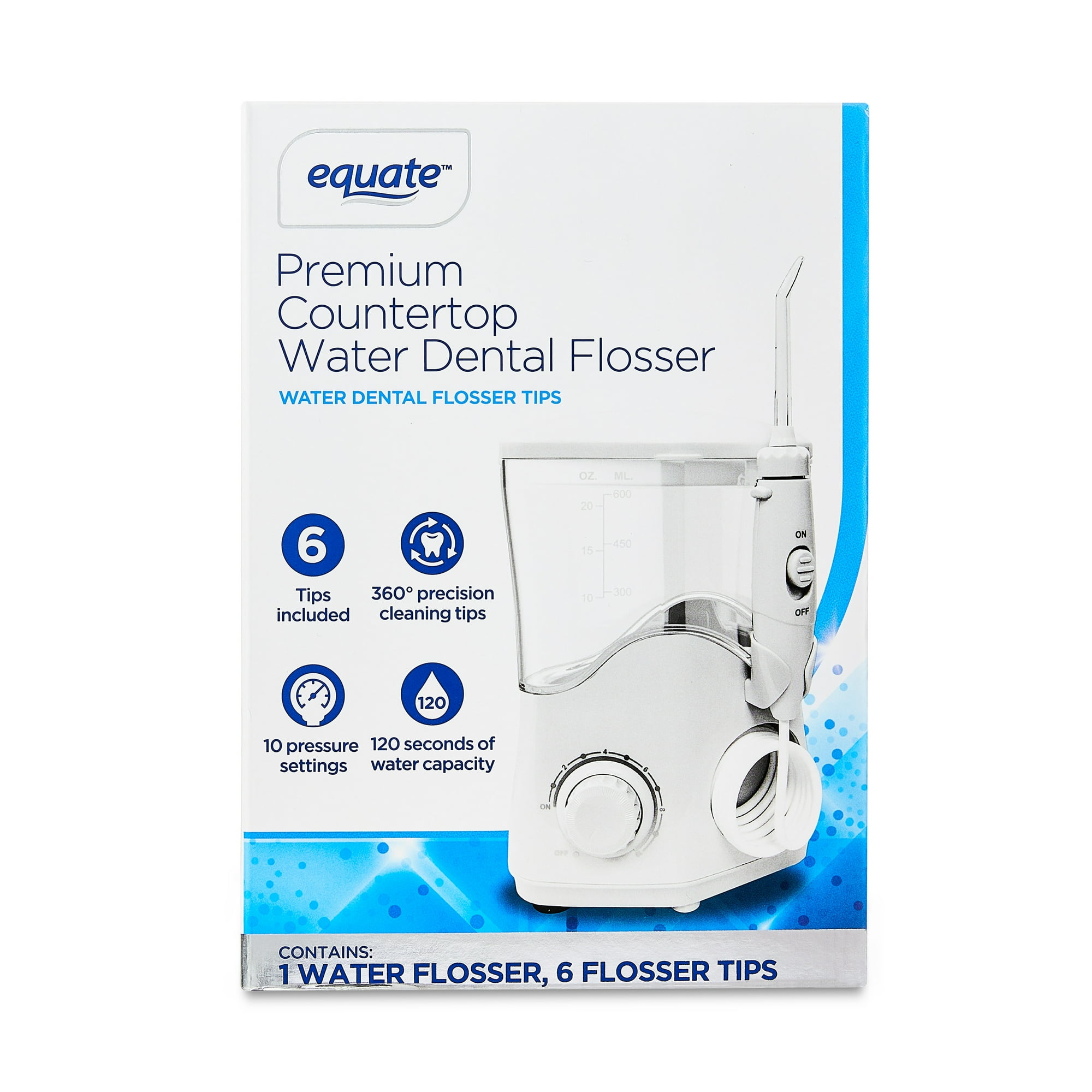 Equate Premium Countertop Water Dental Flosser, White, 6 Tips