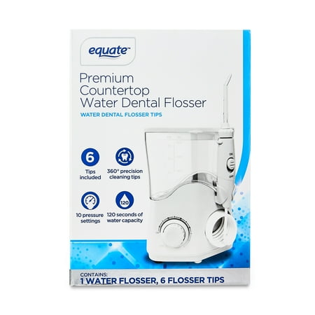 Equate Premium Countertop Water Dental Flosser with 6 Flosser Tips, White