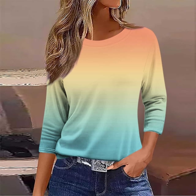 BVOFAR T-Shirts à Blocs de Couleur Dégradés pour Femmes, Tuniques Amples et Confortables, Manches 3/4, Col Rond, Tendance 2025
