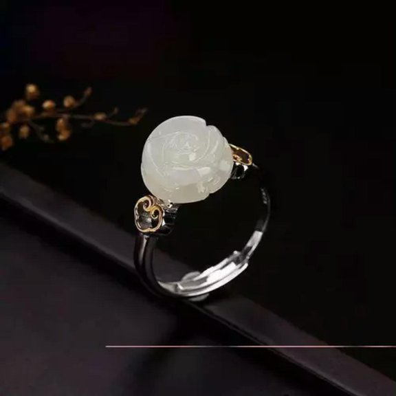 EOEMY Green Jade Rose Rings 925 Silver Flower Women Jewelry Natural Adjustable Ring-3