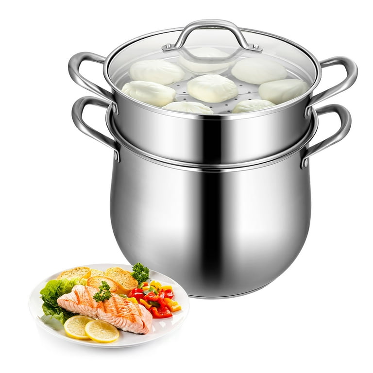 2-Tier Steamer Pot Saucepot Stainless Steel with Tempered Glass