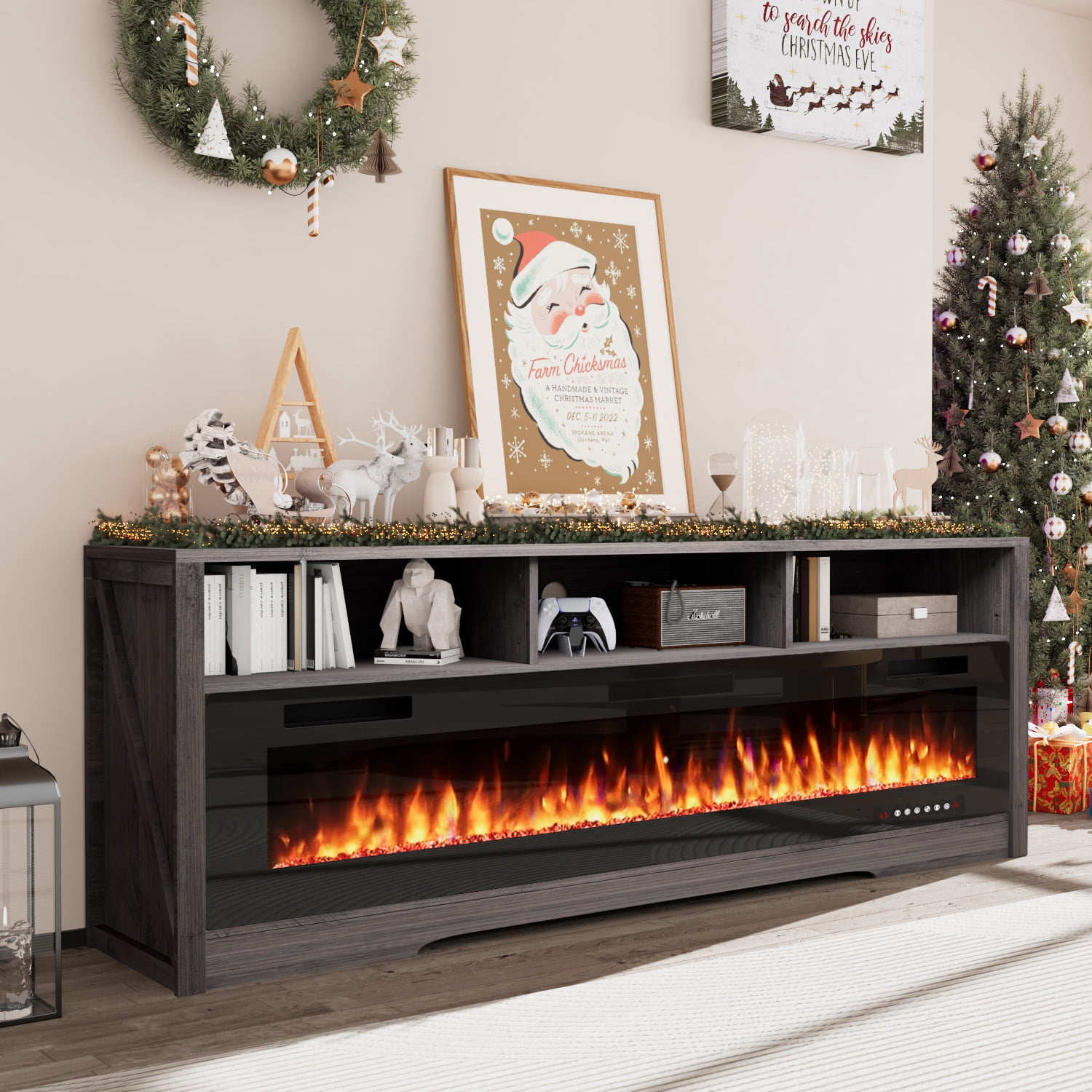 BOSSIN 65 Inches Fireplace TV Stand with 60" Electric Fireplace Up to 75" TV, Entertainment Center with Open Shelve Storage for Living Room