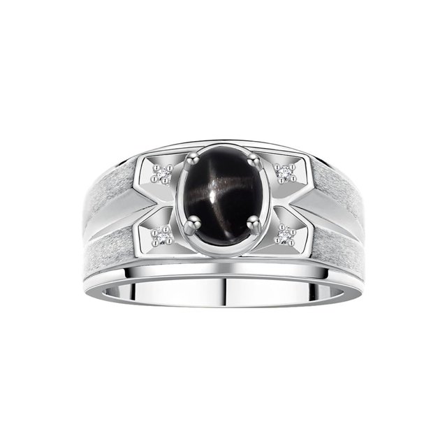 RYLOS Men's Rings Sterling Silver Rings Classic Designer Style 8X6MM Gemstone & Diamond Ring Black Star Sapphire March Birthstone Rings For Men, Size 13