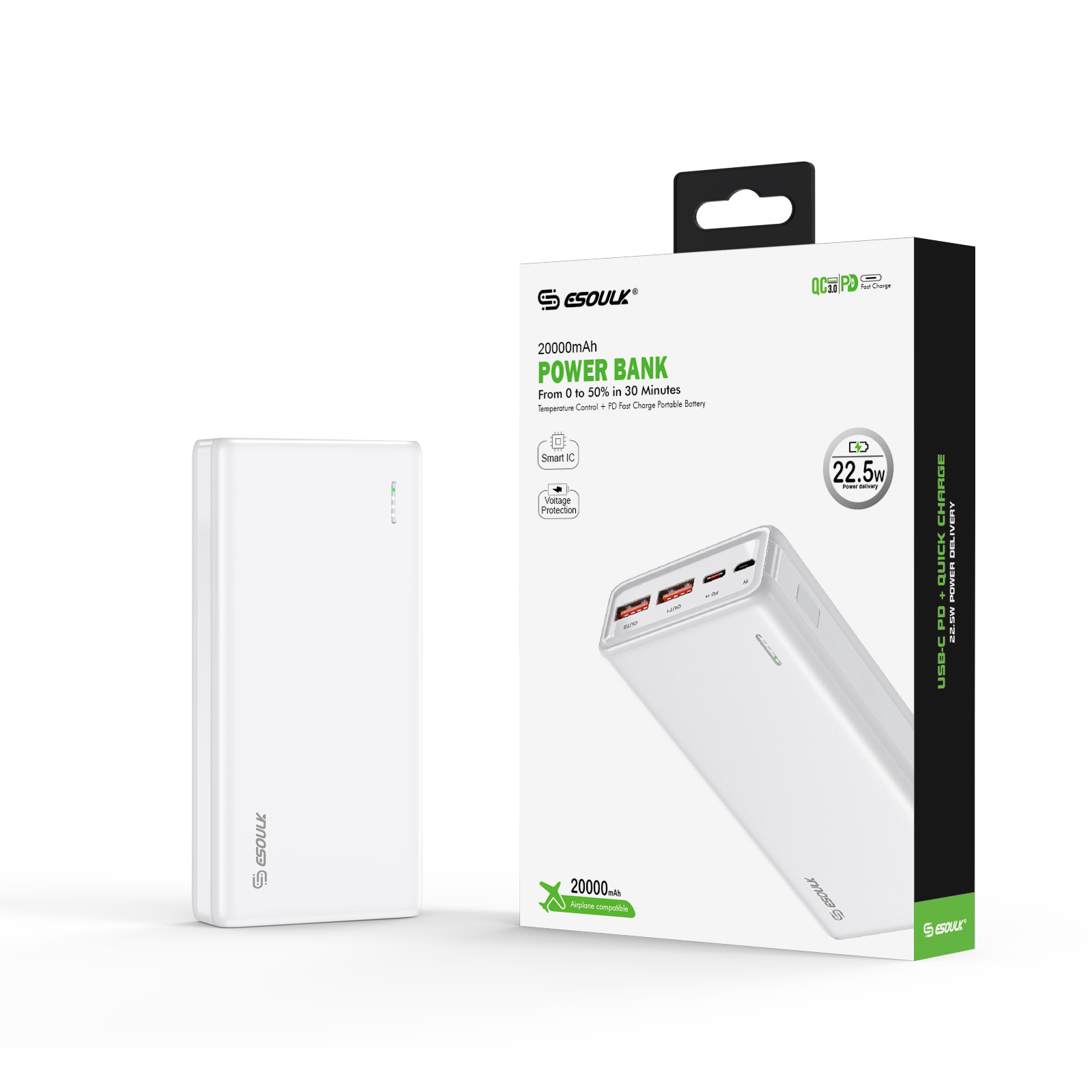 Esoulk 20000mAh PD 20W QC 22.5W Power Bank, White Portable Charger