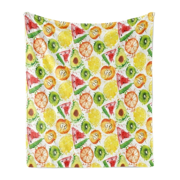 Fruits Soft Flannel Fleece Throw Blanket, Paintbrush Mixed Plants Splash Watermelon Peach Avocado Design, Cozy Plush for Indoor and Outdoor Use, 70" x 90", Yellow Orange Fern Green, by Ambesonne