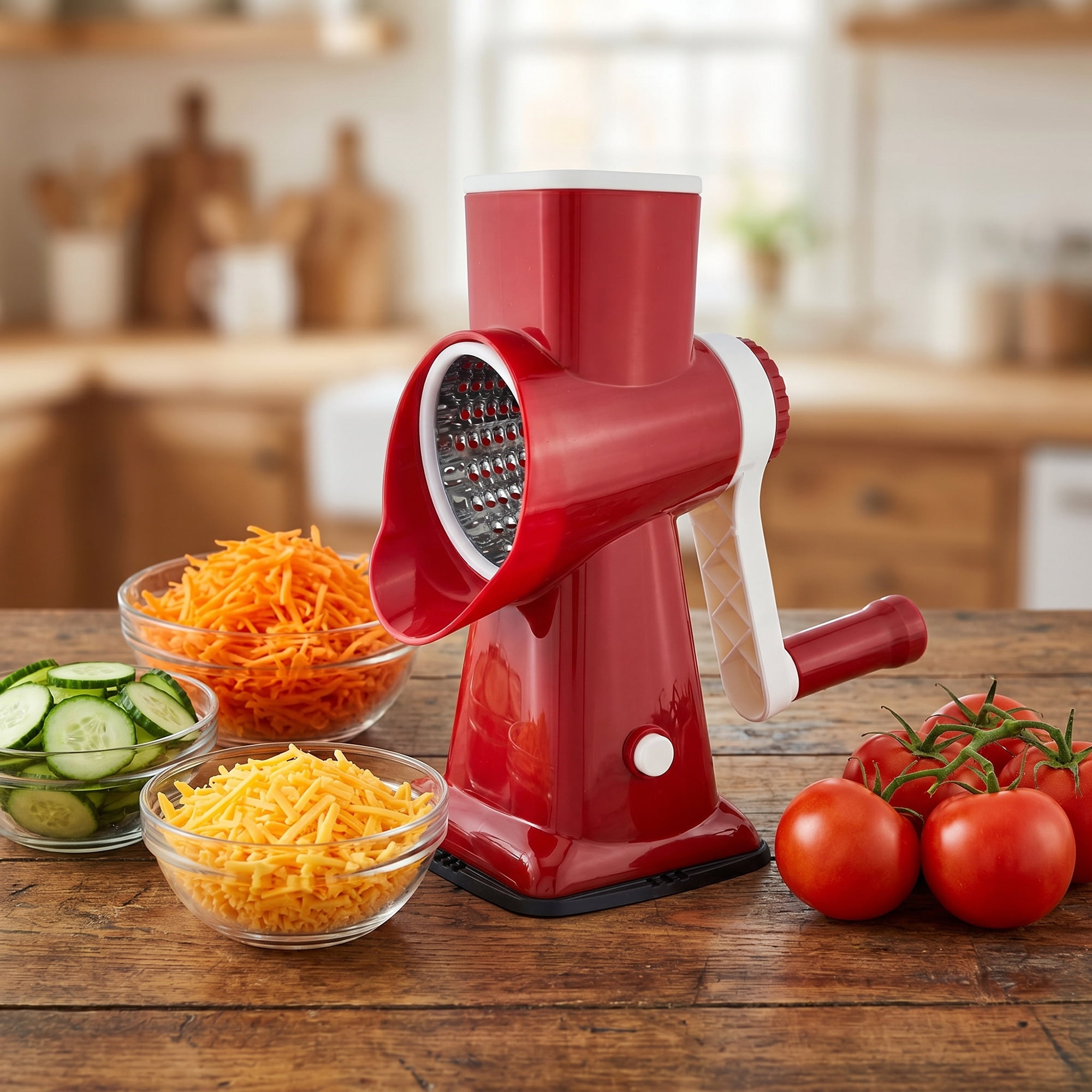 Unique Bargains 3-in-1 Rotary Vegetable Manual Slicer with Drums Red 6.3x4.3x9.2in