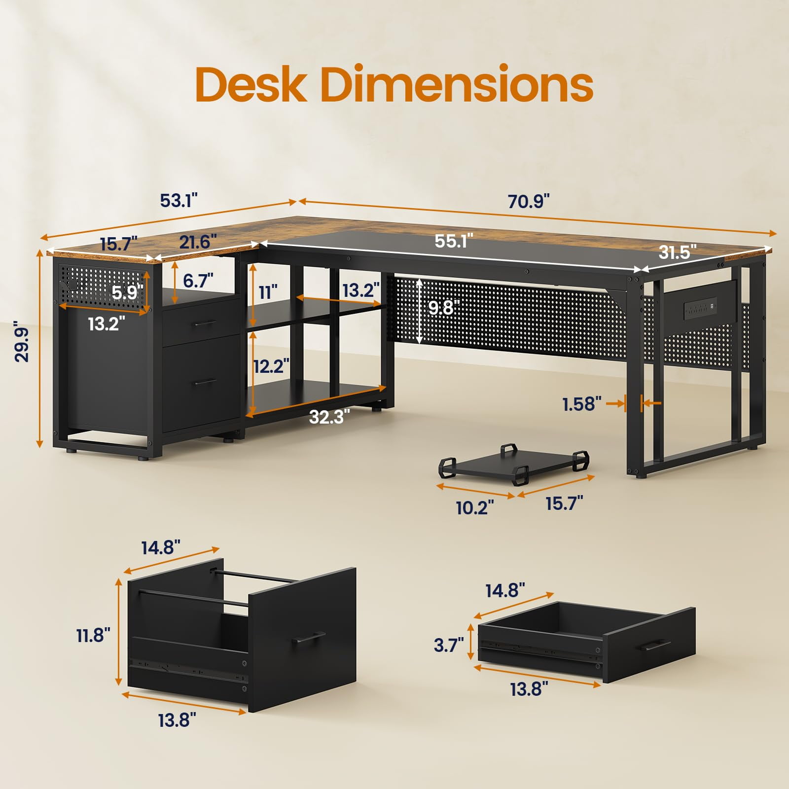 71" Executive Desk with Power Outlets, Modern L Shaped Office Desk with File Drawers and Pegboard, Large Computer Desk, Rustic Brown