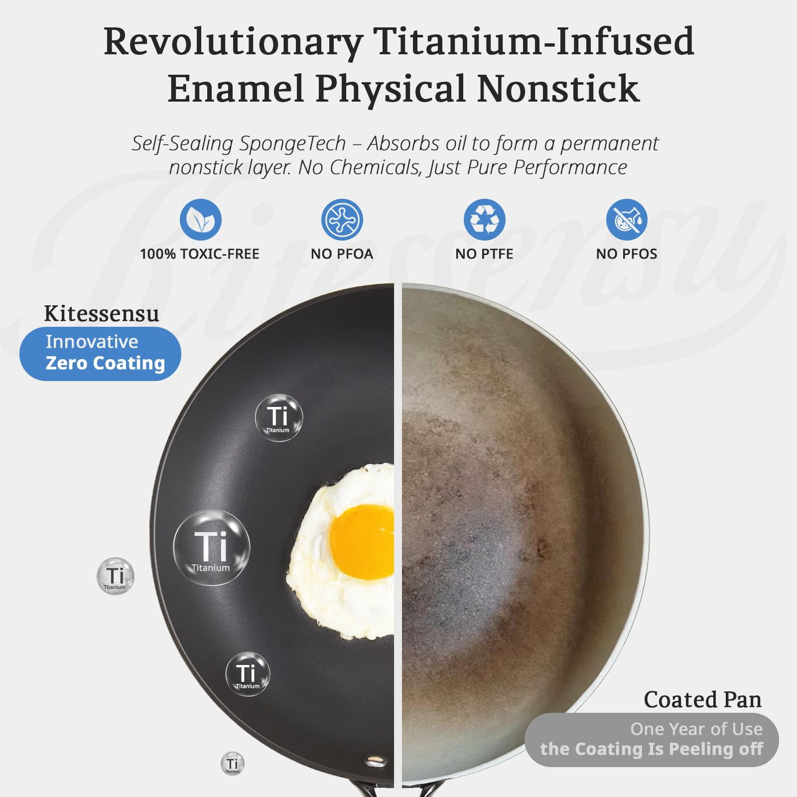 KITESSENSU Enameled Cast Iron Skillet Set of 3 (8/10/12 Inch), Titanium Nonstick Frying Pans with Cool Wooden Handle, Compatible with All Stovetops, Gradual Cobalt Blue