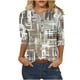 thumbnail image 1 of 3/4 Manga Superior Impresa Botón Suelto Cuello Redondo Camiseta, Tops Sueltos para las Mujeres, 1 of 3