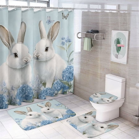 4 Piece Bathroom Rug Set with Shower Curtain with Rugs Toilet Lid Cover And Bath Mat Easter Rabbit Hydrangea Blue-3 Waterproof Personality Pattern Bath Curtain for Bathtub Decor