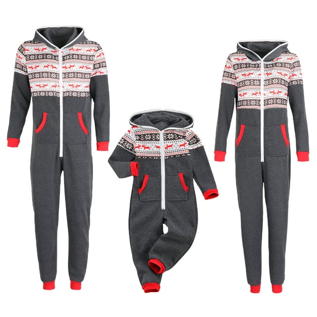 Christmas Family Matching Pajamas Clothing, Festival Snowflake Pattern One-Piece Hooded Zip-Front Rompers for Dad Mom Children