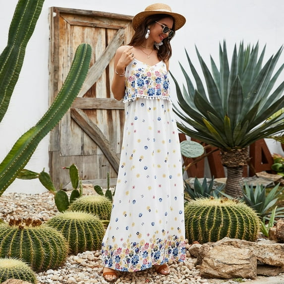 Summer Dresses for Women Maxi Dress White Sling Floral Midi Dress Boho Dress