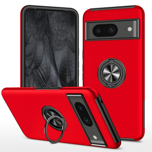 Phone Case for Google Pixel 7A, [ Military Grade ] Drop Tested Protection Case with Magnetic Car Mount 360°Rotatable Ring Holder, 2-Layer Rugged Hybrid Hard PC Soft Rubber Cover, Red