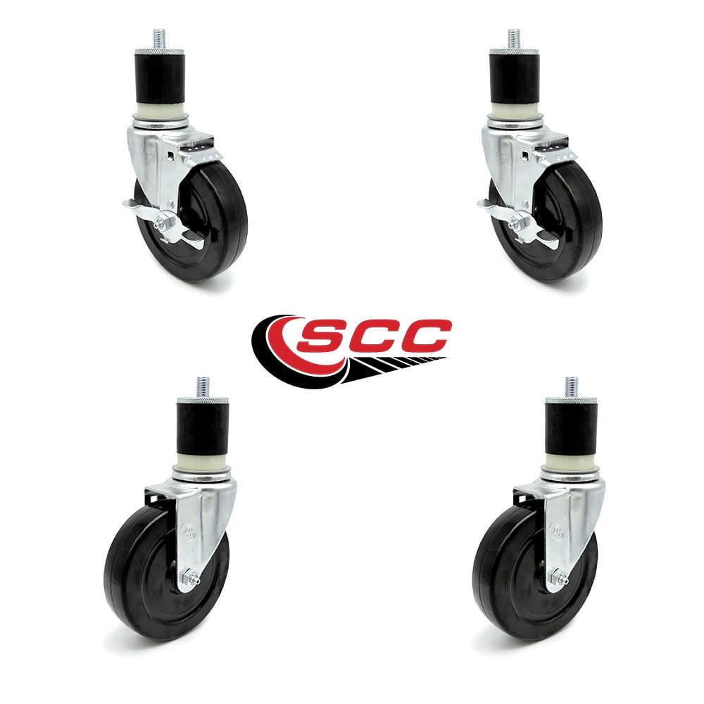 SCC 4" x 1.25" Hard Rubber Wheel Caster w/1-1/8” Expanding Stem Set of 4 