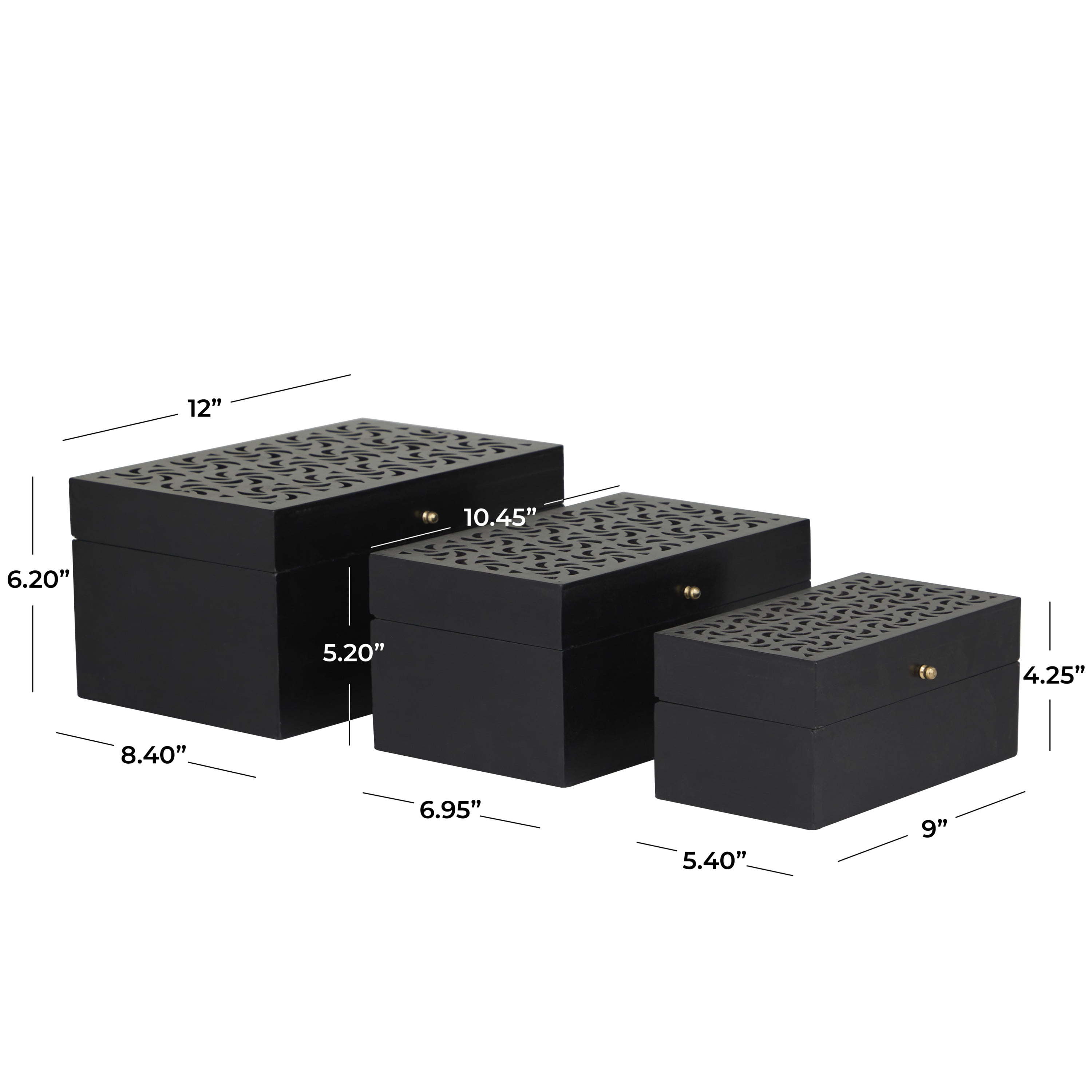 DecMode Intricate Carved Black Wood Decorative Box with Hinged Lid, 3 Count
