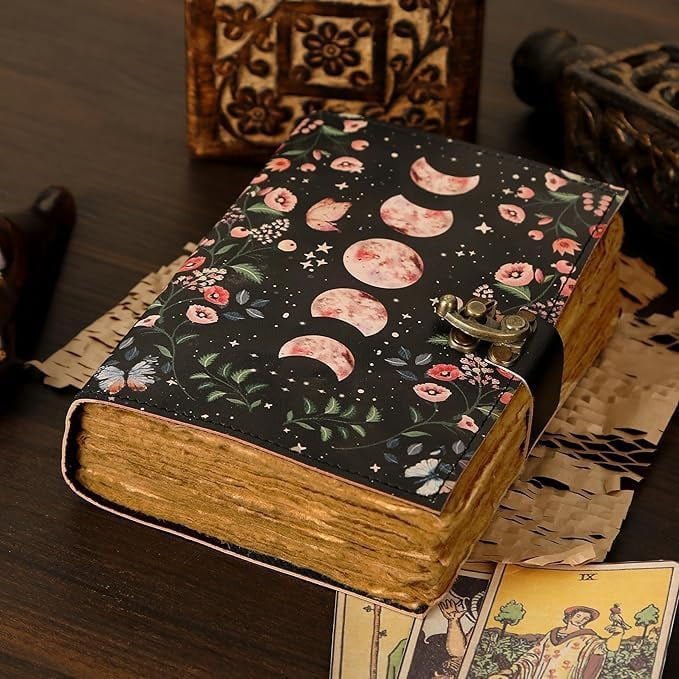Blank Spell Book of Shadows Journal with Lock Clasp  Handmade Vintage Leather Moon Phase Print Diary for Witchcraft Supplies