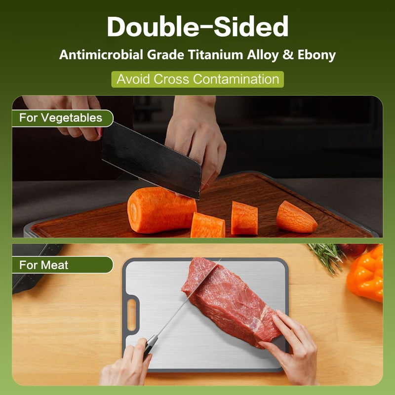 Titanium Cutting Board Double Sided, Wood Cutting Board for kitchen, Titanium & Ebony Wood Large Chopping Board for meat with Juice Groove for Meat & Veggies 15.7”x11”x0.6”