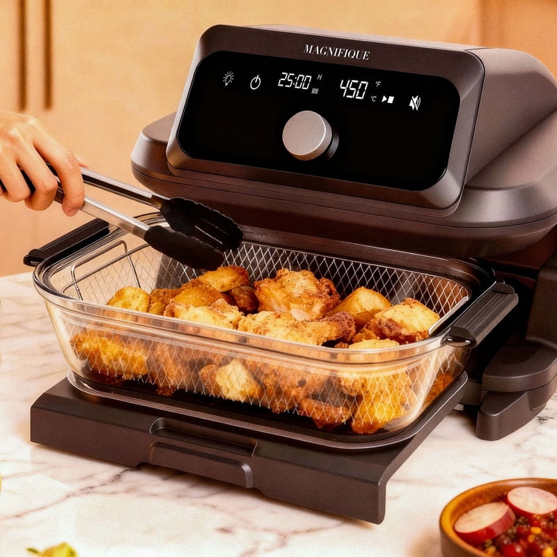 MAGNIFIQUE 6 Quart Large Capacity Casserole Air Fryer, Glass Air Fryer Oven Non Toxic with 12-in-1 Digital Touchscreen