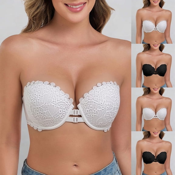 IQOGKRN Women Strapless Wireless Push Up Bra High Support Non Slip Bustier Breathable Invisible Front Clasp Strapless Comfort Bra Black L