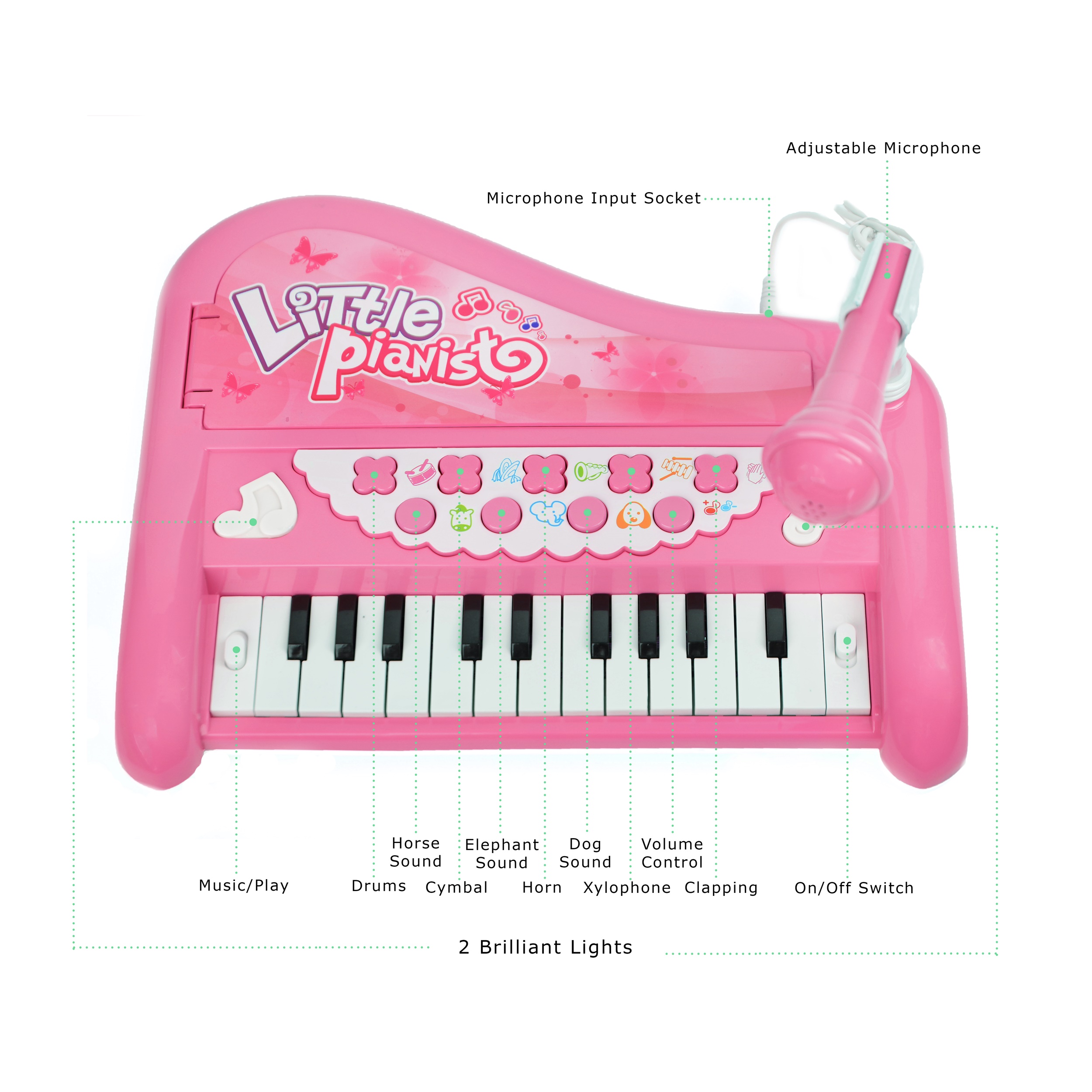 Musical Toy Set Electronic Grand Piano Keyboard With Microphone And Lights For Pretend Play And Educational Development (Pink)